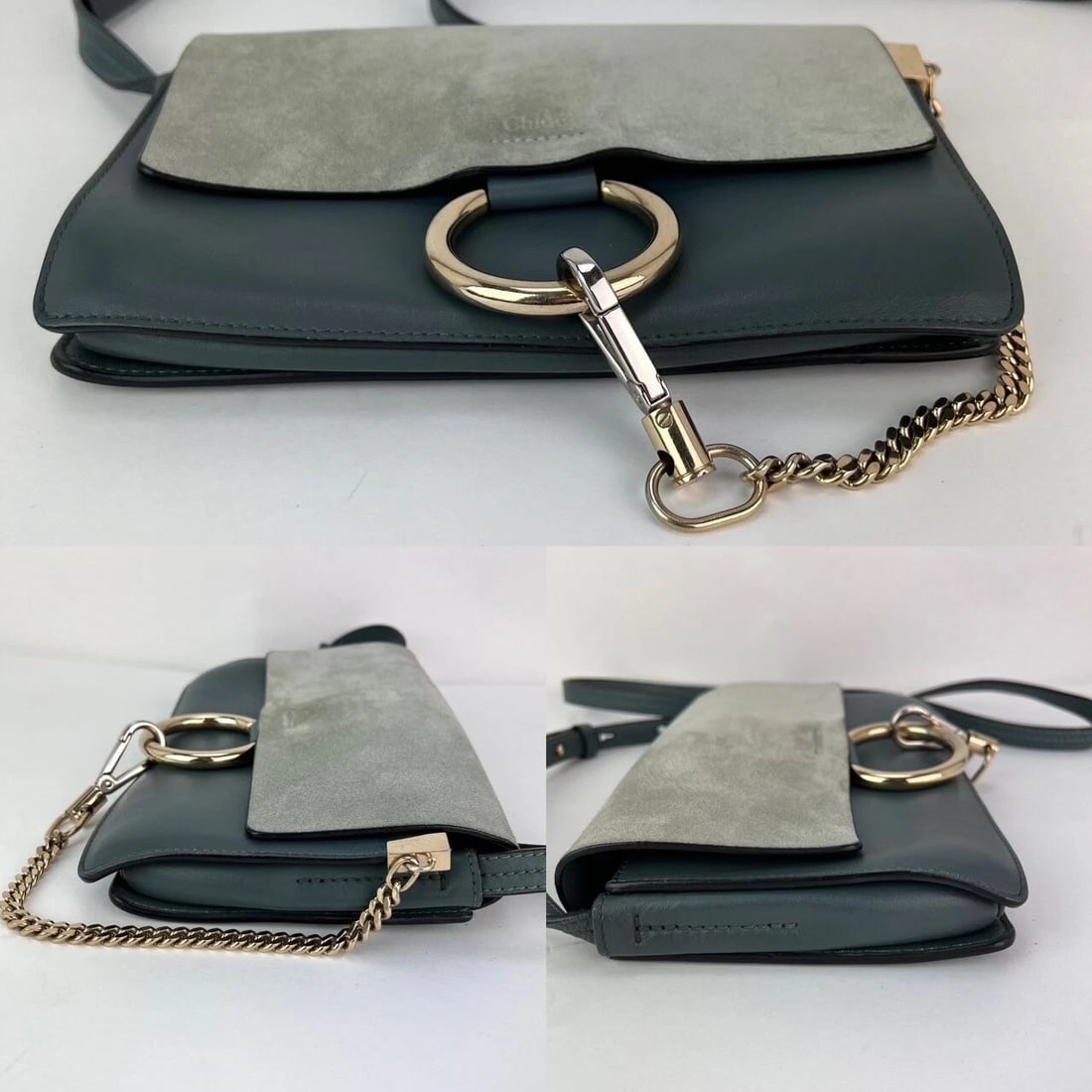 Chloe Faye Chain Suede Leather Gray Blue Crossbody Bag - 6