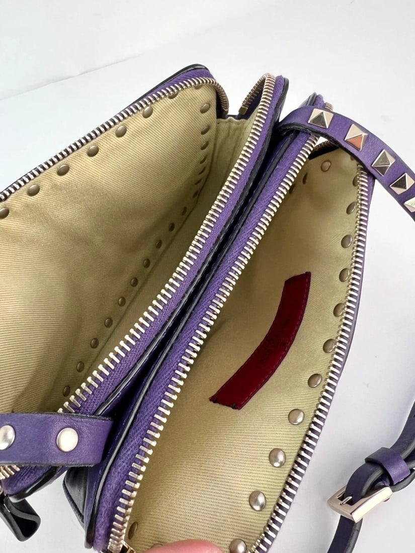 Valentino Rockstud Double Zip Purple Leather Crossbody Bag - 6
