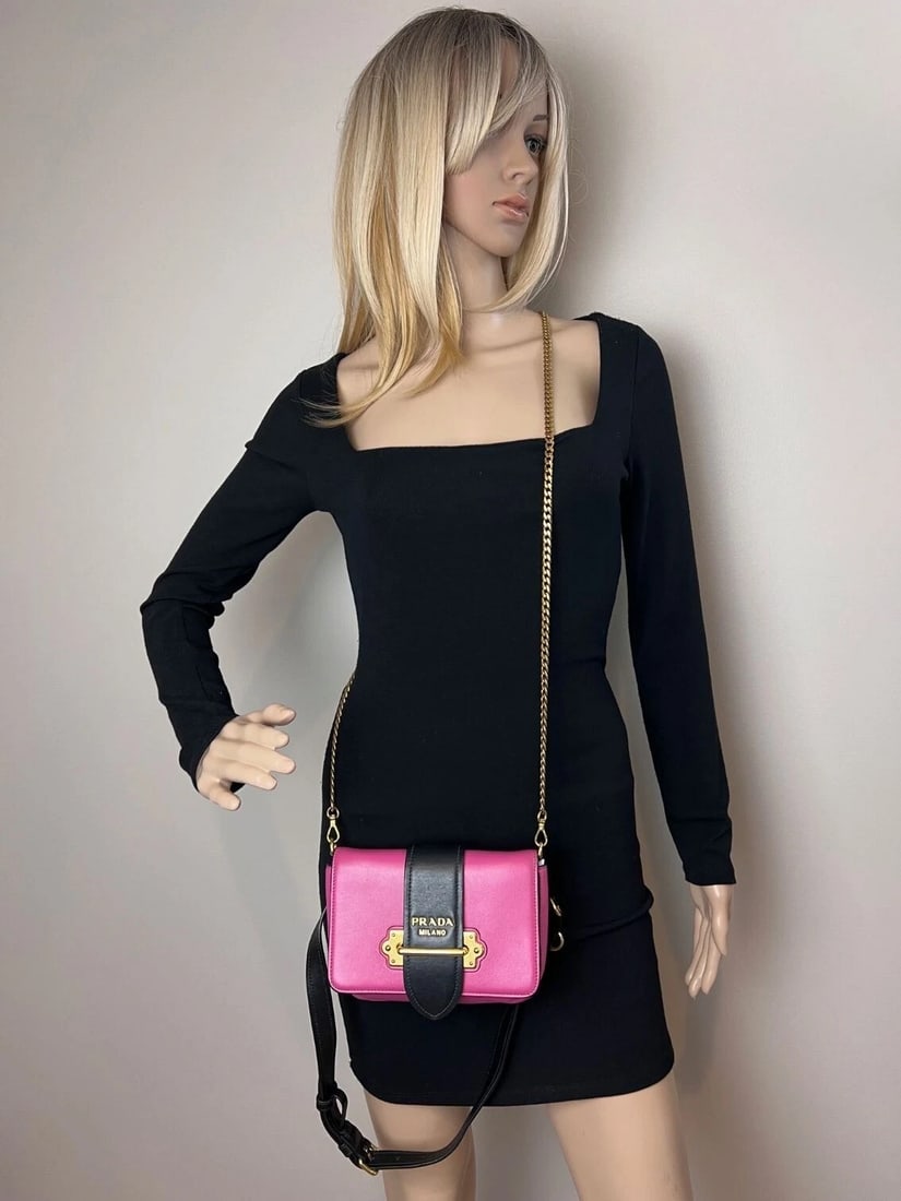 Prada City Calf Cahier Pink Black Leather Crossbody Belt Bag - 11