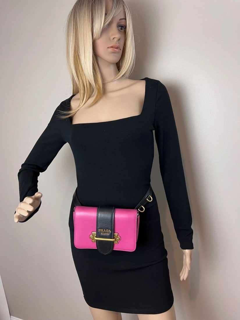 Prada City Calf Cahier Pink Black Leather Crossbody Belt Bag - 12
