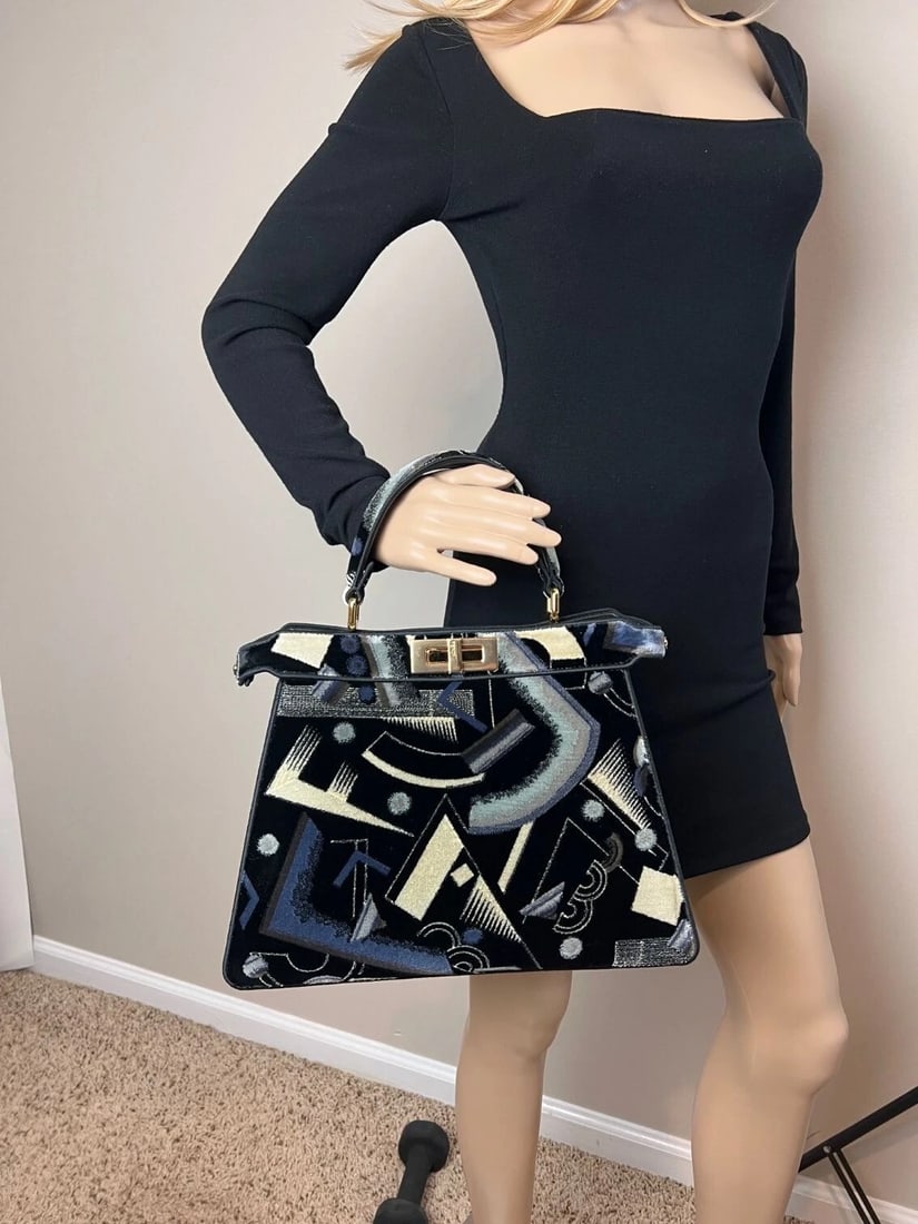 Fendi Peekaboo I see u Medium Printed Velvet Black Blue Satchel Bag - 14