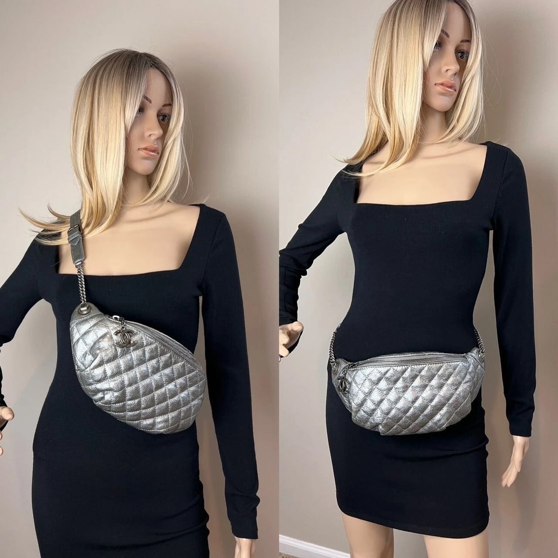 Chanel Metallic Dark Silver Calfskin Quilted Banane Fanny Waist Bag - 12