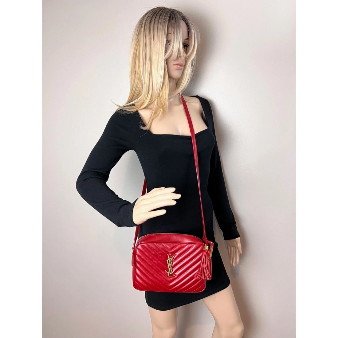 YVES SAINT LAURENT Matelasse Calfskin Lou Camera Red Crossbody Bag - 5