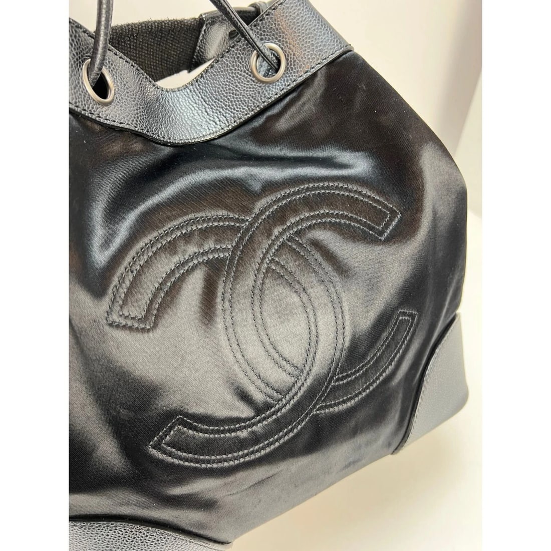 CHANEL Satin CC Large Black Bucket Shouler Bag - 20