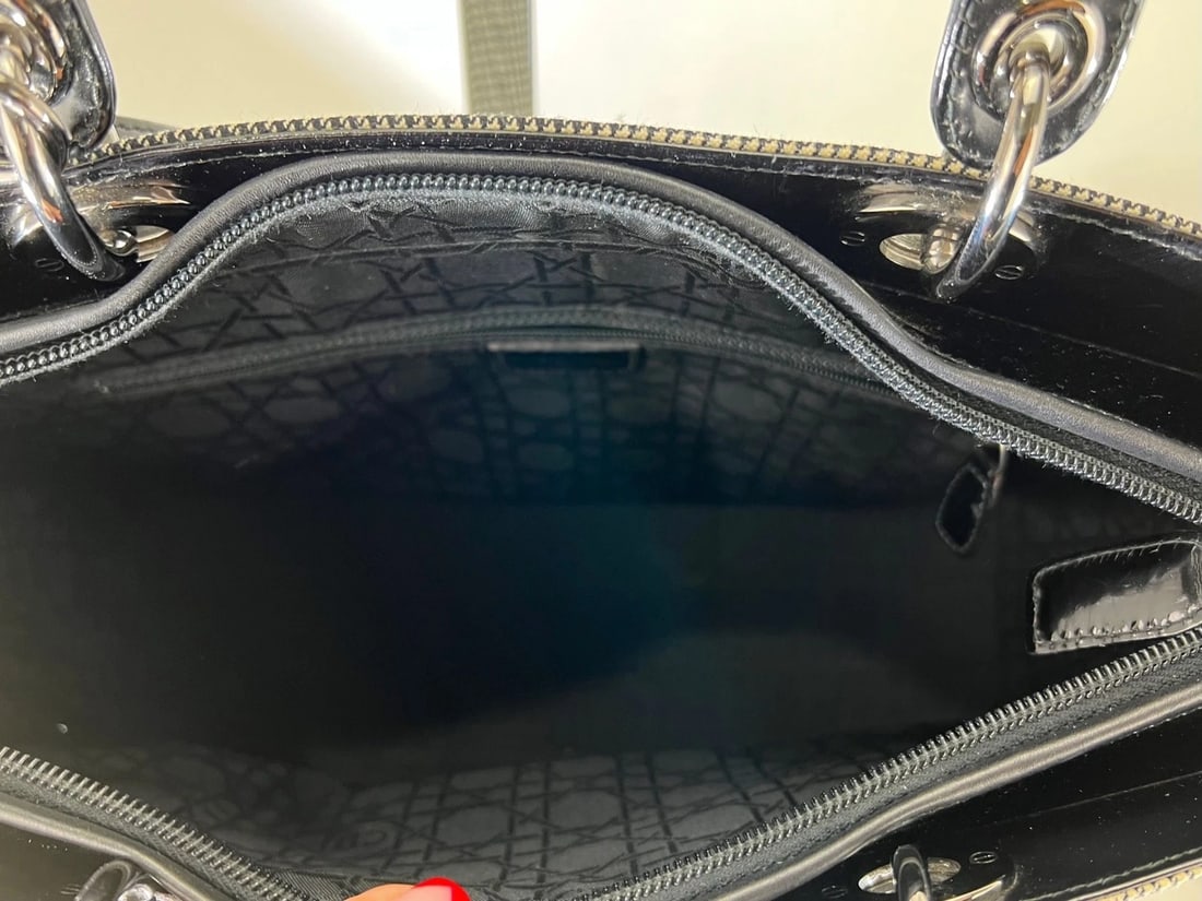 Christian Dior Large Lady Black Patent Leather Canvas Bag - 11