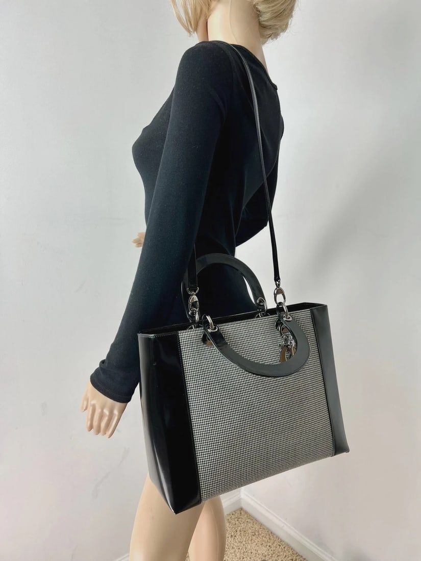 Christian Dior Large Lady Black Patent Leather Canvas Bag - 4