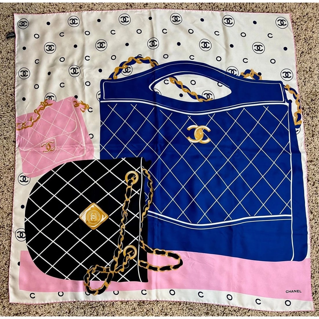Chanel Silk Pink Black Blue Scarf (1 of 10)