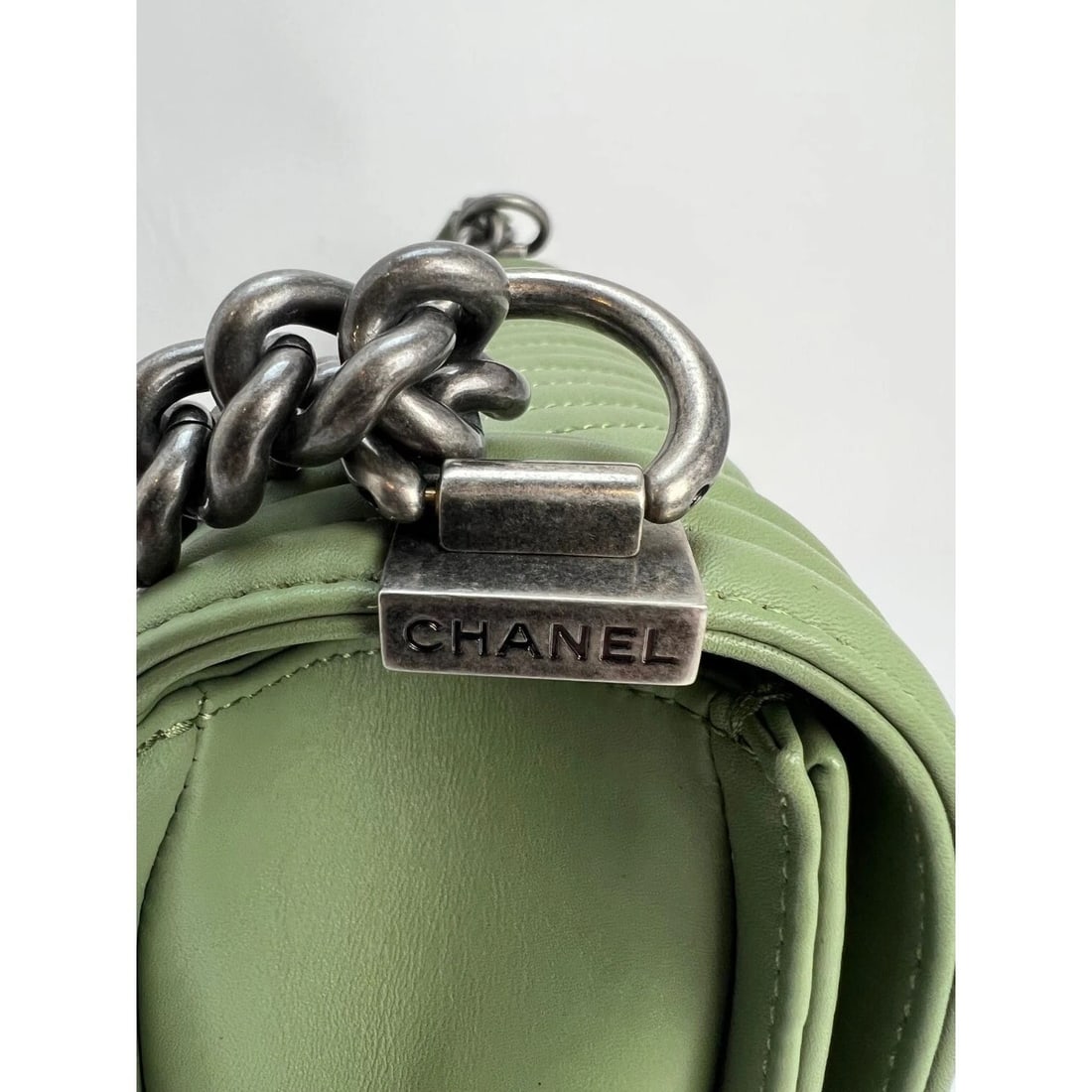 Chanel Calfskin Chevron Quilted Medium Boy Flap Light Green Bag - 10