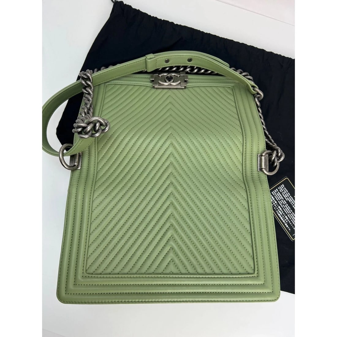 Chanel Calfskin Chevron Quilted Medium Boy Flap Light Green Bag - 15