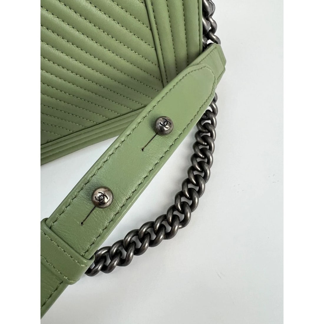 Chanel Calfskin Chevron Quilted Medium Boy Flap Light Green Bag - 9