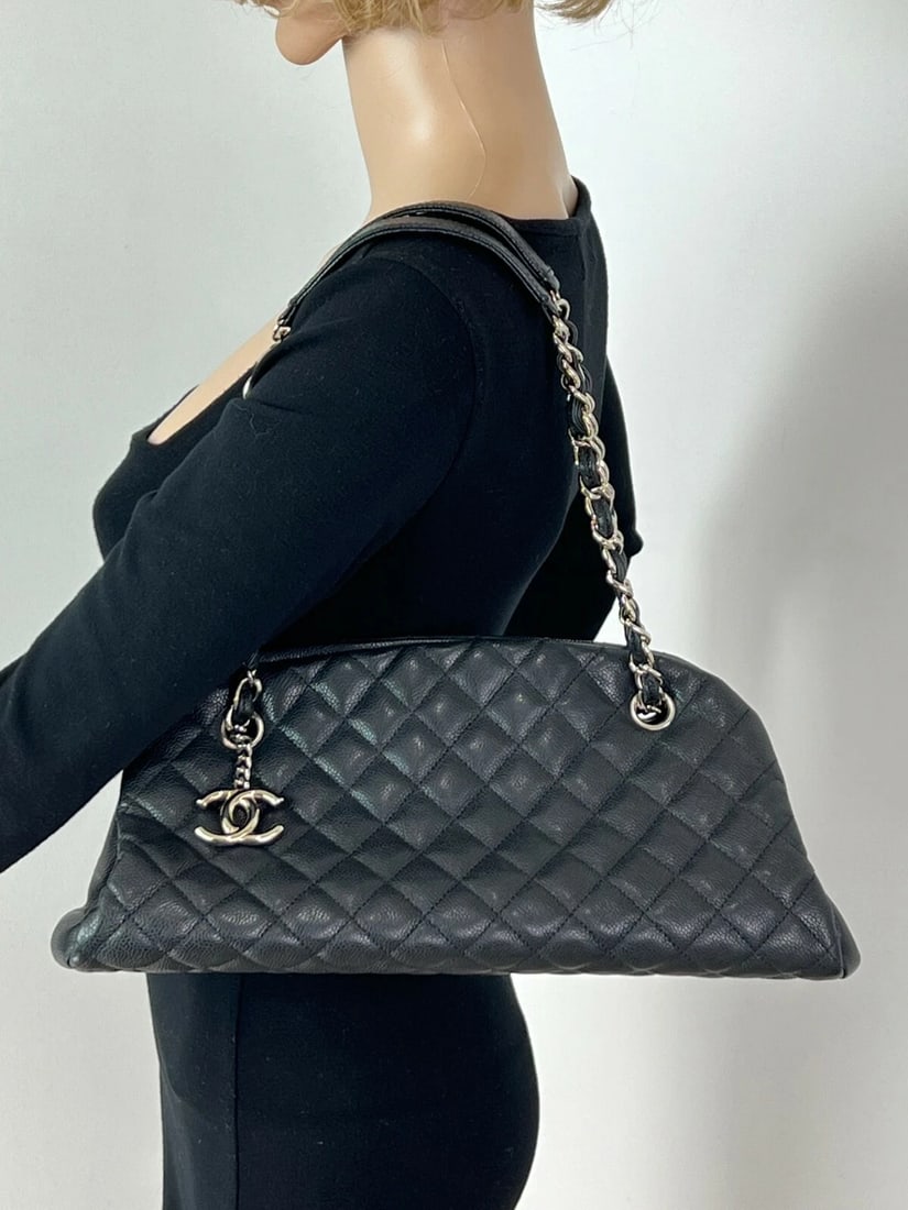 CHANEL Just Mademoiselle Quilted Caviar Black Leather Bowling Shoulder Bag - 9