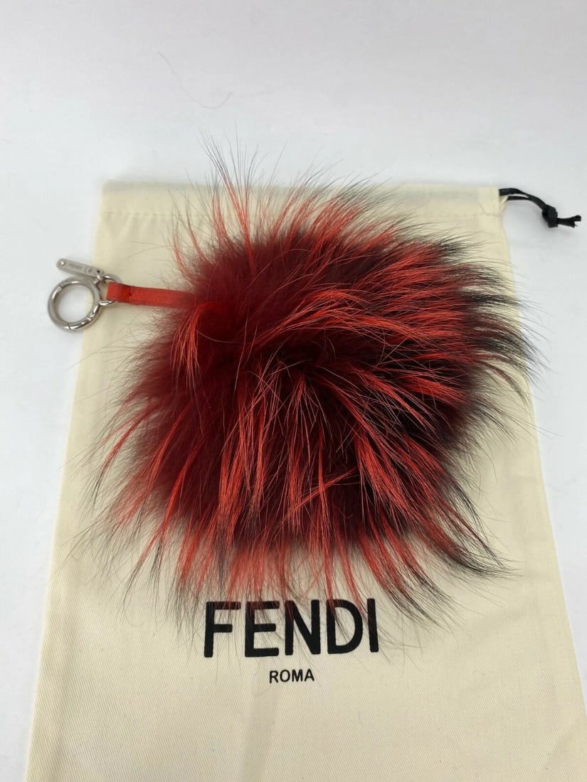 Fendi Key Holder Red Fur Bag Bugs Leather Key Chain Bag Charm - 5
