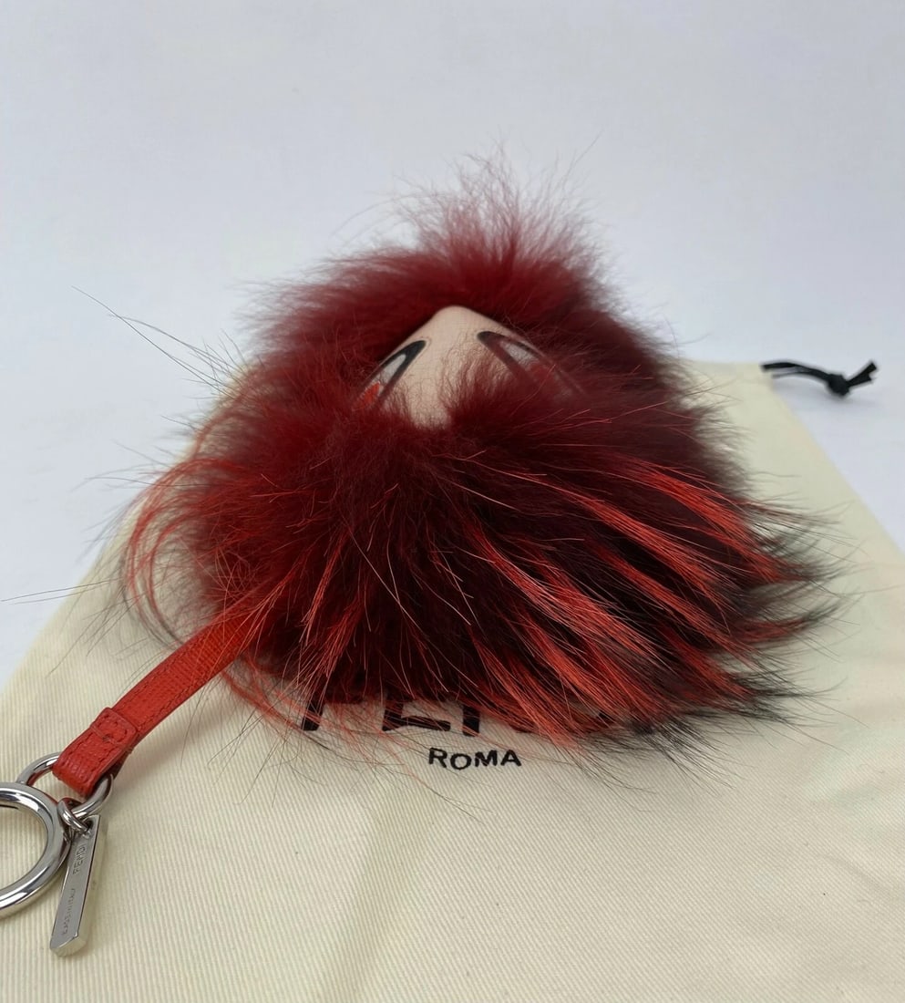 Fendi Key Holder Red Fur Bag Bugs Leather Key Chain Bag Charm - 7