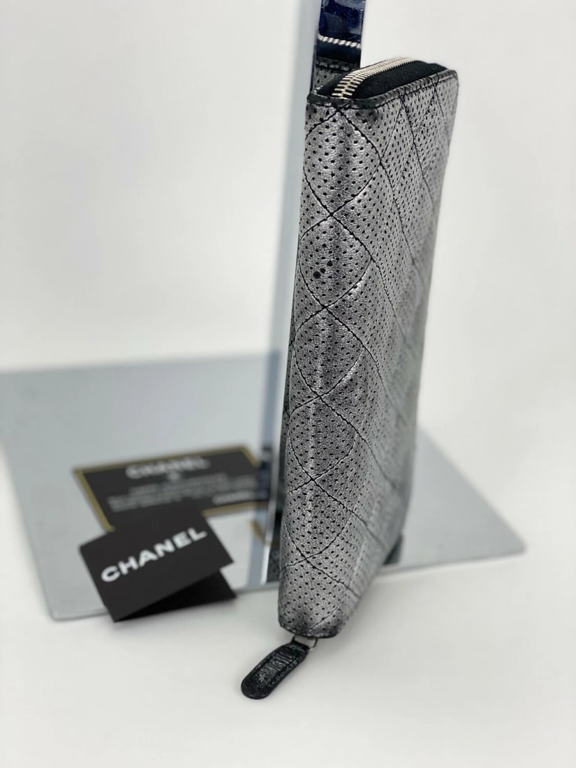 Chanel Wallet Perforated Silver Metallic Lambskin Quilted Zip Around - 12