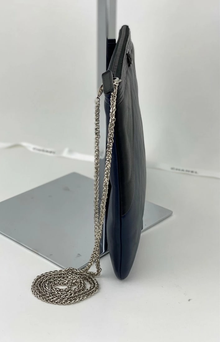 Chanel Bag Quilted Lambskin Leather Blue Large Boy Zip Pouch - 6