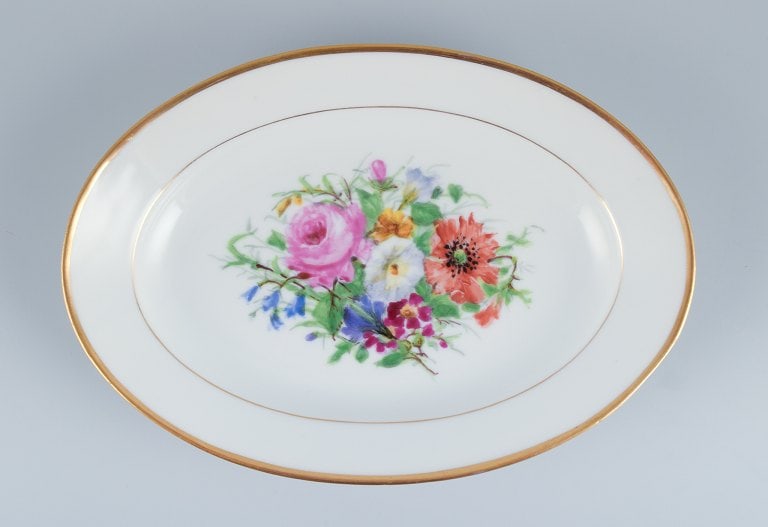 Bing & Grondahl, two oval platters hand-painted with polychrome flower motifs and gold trim. - 2