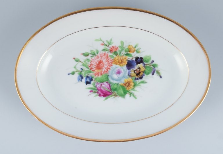 Bing & Grondahl, two oval platters hand-painted with polychrome flower motifs and gold trim. - 4