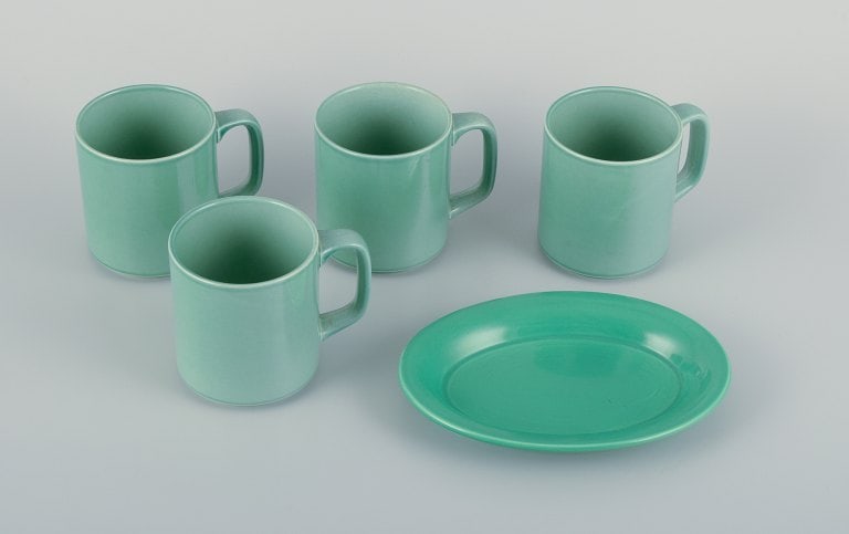 Royal Copenhagen, 4 All Seasons, four coffee mugs and a small oval dish in faience with green glaze. - 2
