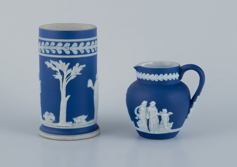 Adams, England, cylindrical vase and creamer in biscuit porcelain. Classic scenes. (1 of 8)