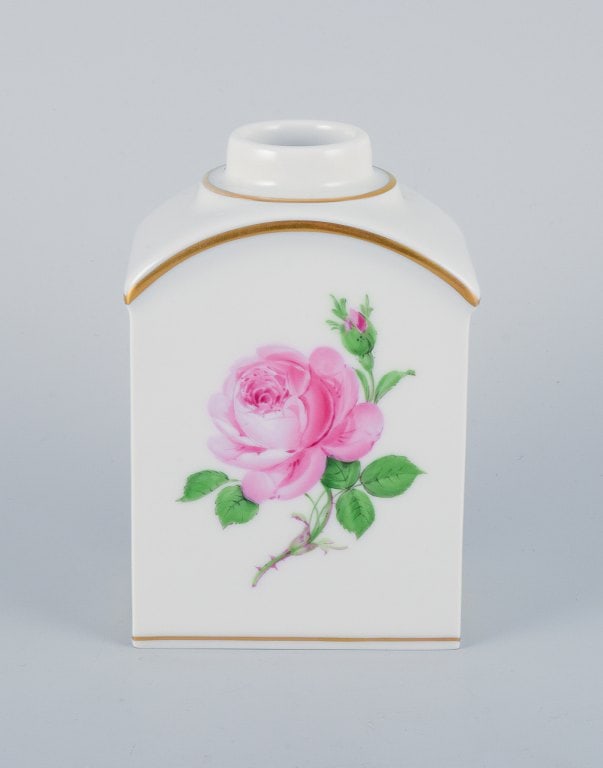 Meissen, three pieces of "Pink Rose" a plant pot, milk jug, and a tea caddy in porcelain - 5