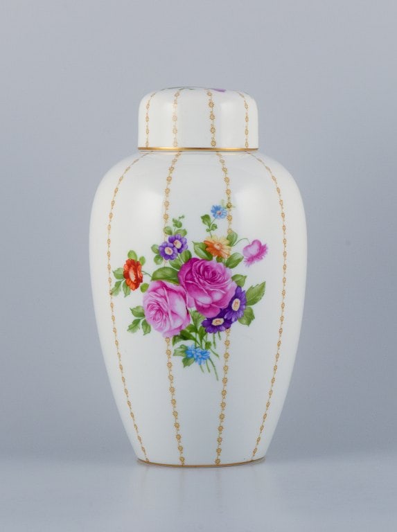 Rosenthal, Germany, large porcelain lidded jar hand-painted with flower bouquets. (1 of 5)