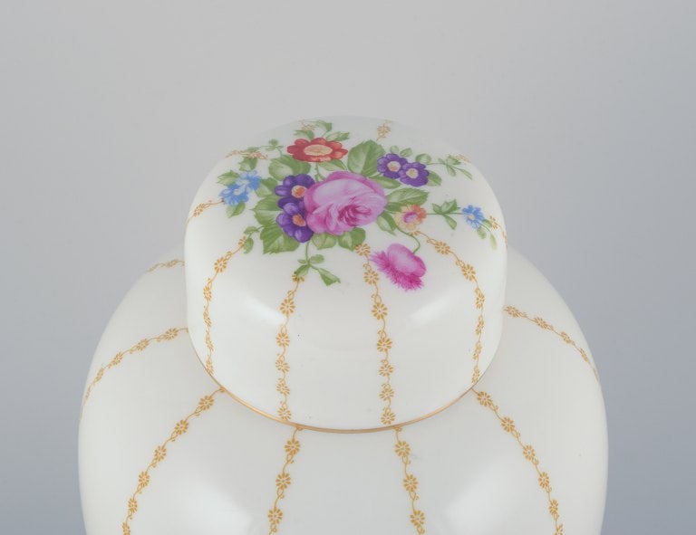 Rosenthal, Germany, large porcelain lidded jar hand-painted with flower bouquets. - 2