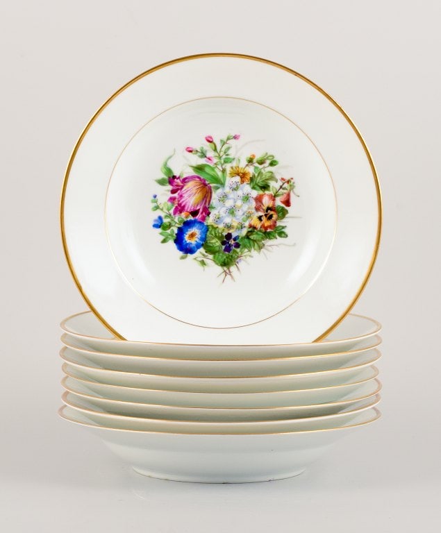 Bing & Grøndahl, eight deep plates in porcelain hand-painted with polychrome flowers and gold (1 of 9)
