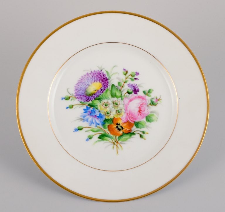 Bing & Grøndahl, six porcelain lunch plates hand-painted with polychrome flowers and gold - 3