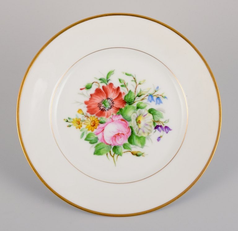 Bing & Grøndahl, six porcelain lunch plates hand-painted with polychrome flowers and gold - 4