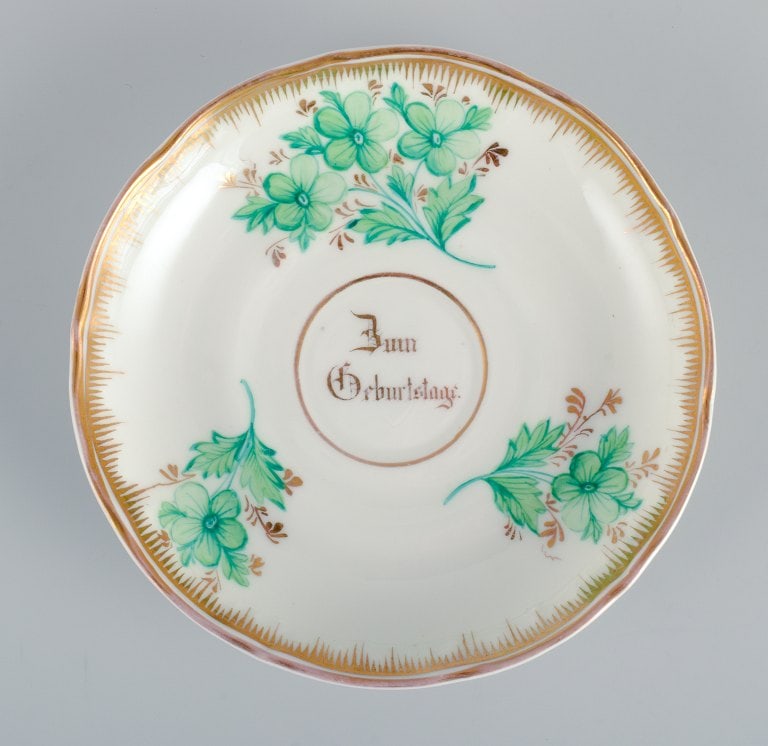 KPM, Berlin. Chocolate cup hand painted with green flowers and gold decoration. - 5
