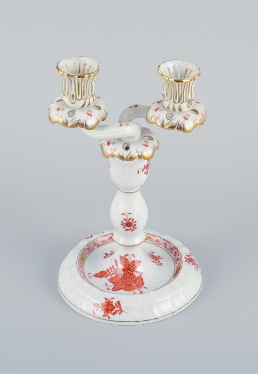 Herend, Hungary, two-armed porcelain footed candlestick, hand-painted with orange flowers. - 2