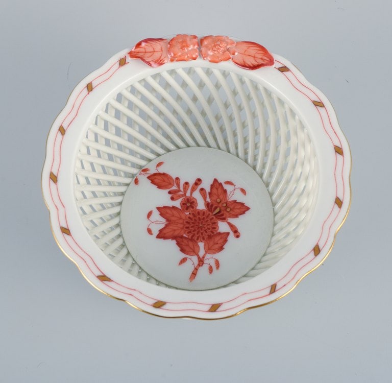 Herend, Hungary, reticulated porcelain bowl, hand painted with orange flowers. - 4