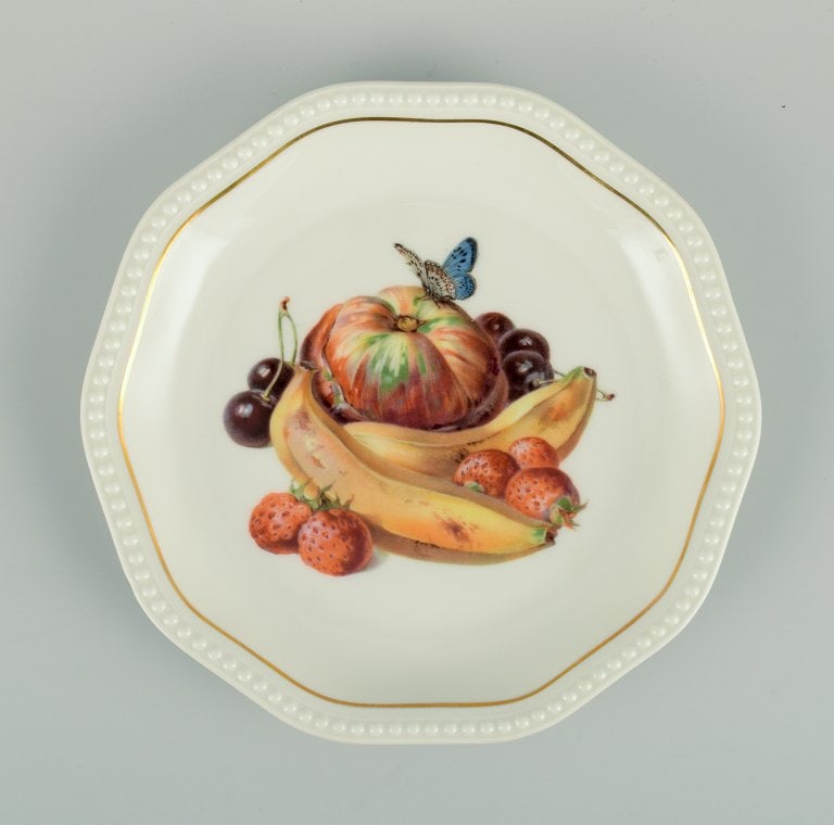 Rosenthal, Germany, six plates hand painted with fruits, butterflies and gold decoration. - 6