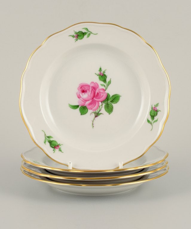Meissen, Germany, four plates hand painted with flowers and gold decoration. (1 of 6)