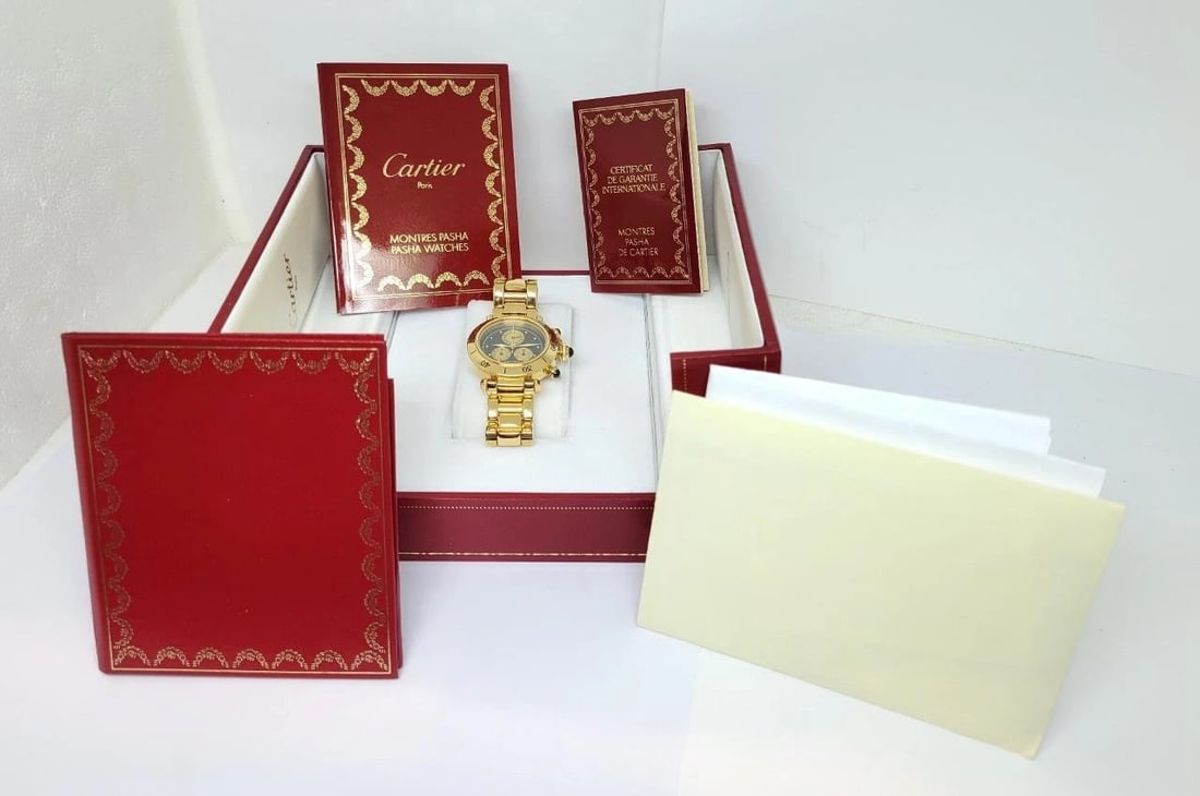 SOLID 18k Unisex CARTIER PASHA Watch Ref. 1353 1* 35.6 mm Black Dial EXLNT - 13