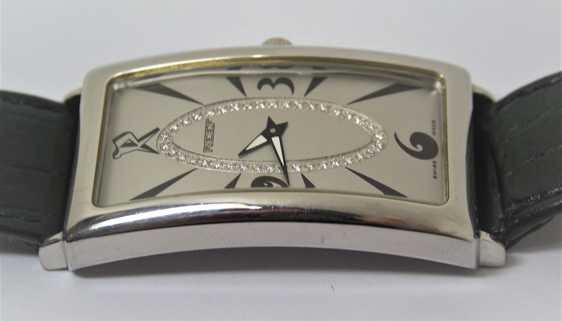 Mens Solid & Heavy Platinum Swiss REEF Watch with Diamond dial* 45 mm Long* EXLNT - 10