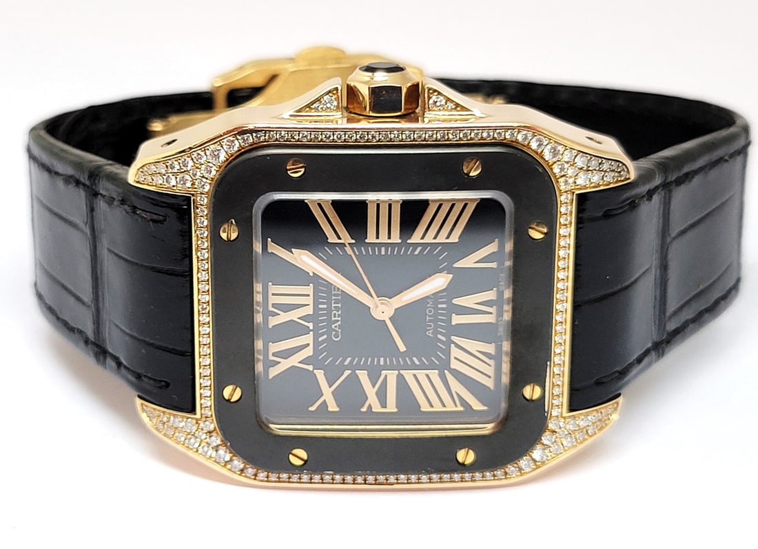 18k Rose CARTIER SANTOS 100 Black Dial Automatic Watch Ref 2879 with Diamonds - 2