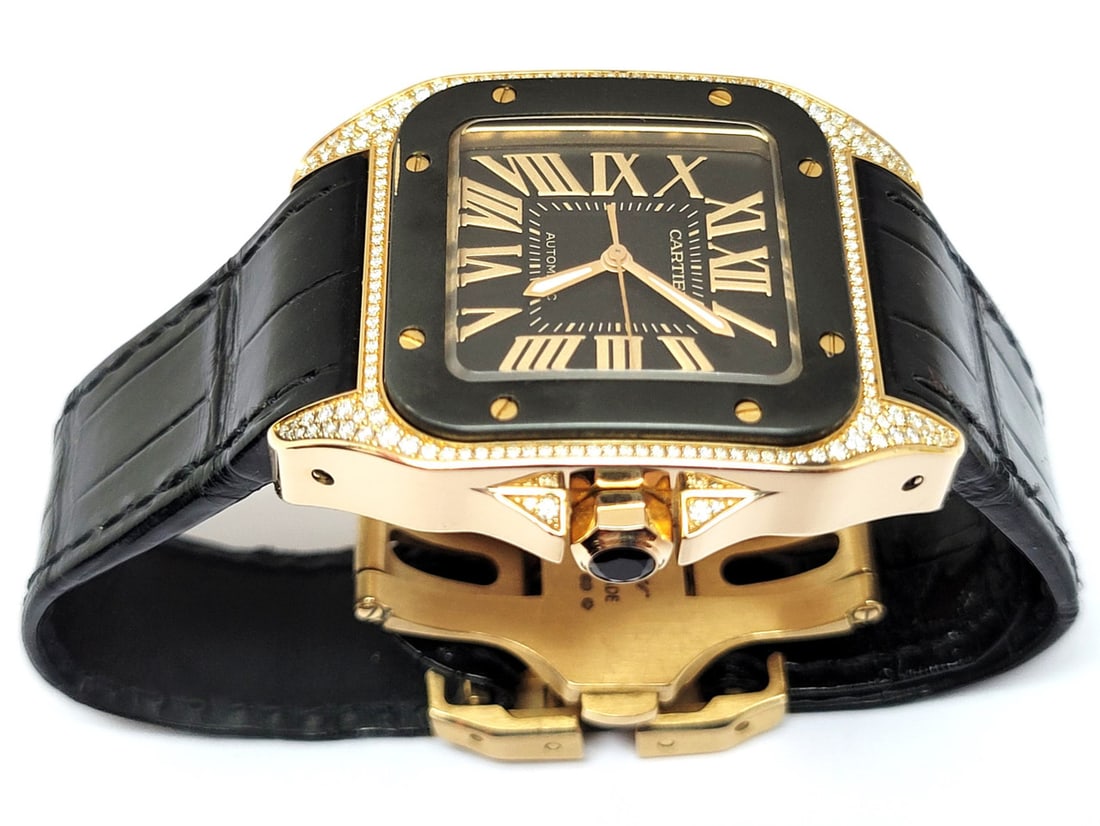 18k Rose CARTIER SANTOS 100 Black Dial Automatic Watch Ref 2879 with Diamonds - 7