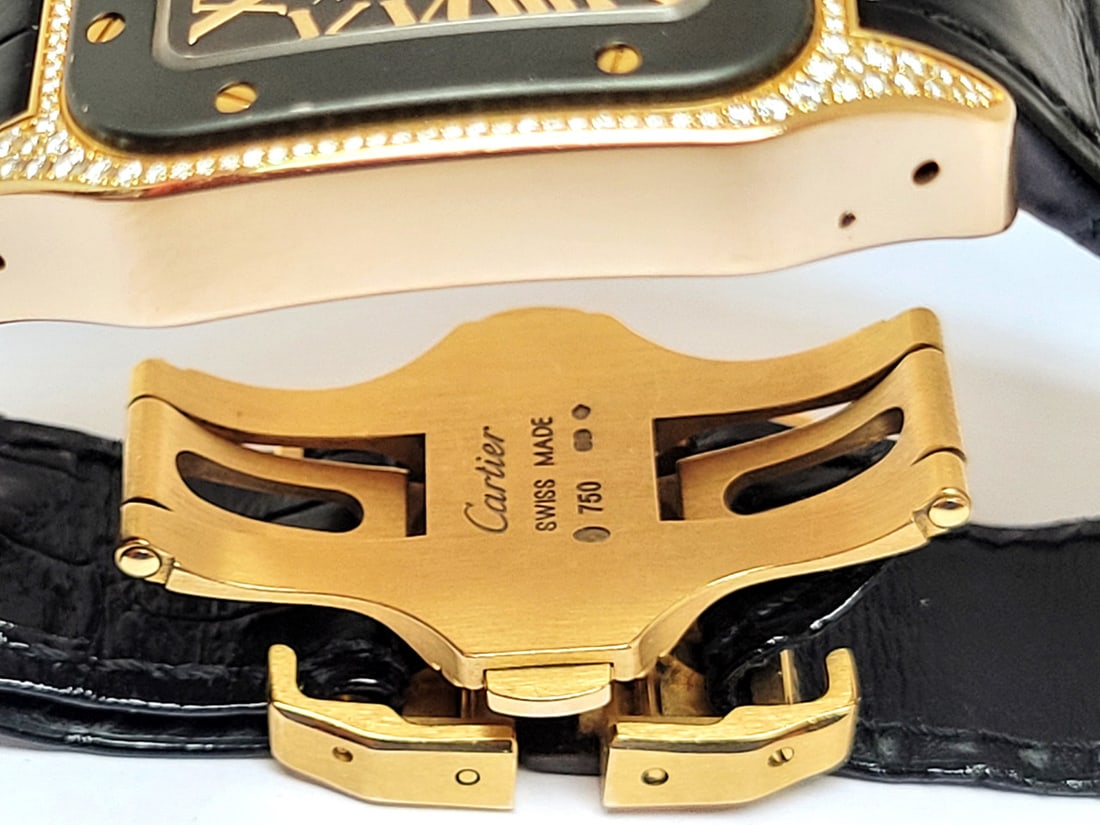 18k Rose CARTIER SANTOS 100 Black Dial Automatic Watch Ref 2879 with Diamonds - 9