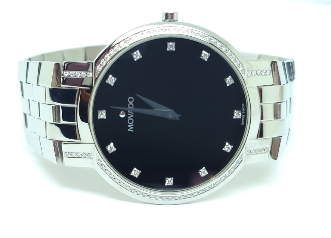 Steel MOVADO Faceto 84.45.1892 Diamond Wrist Watch 38 mm Black Dial Quartz EXLNT - 2