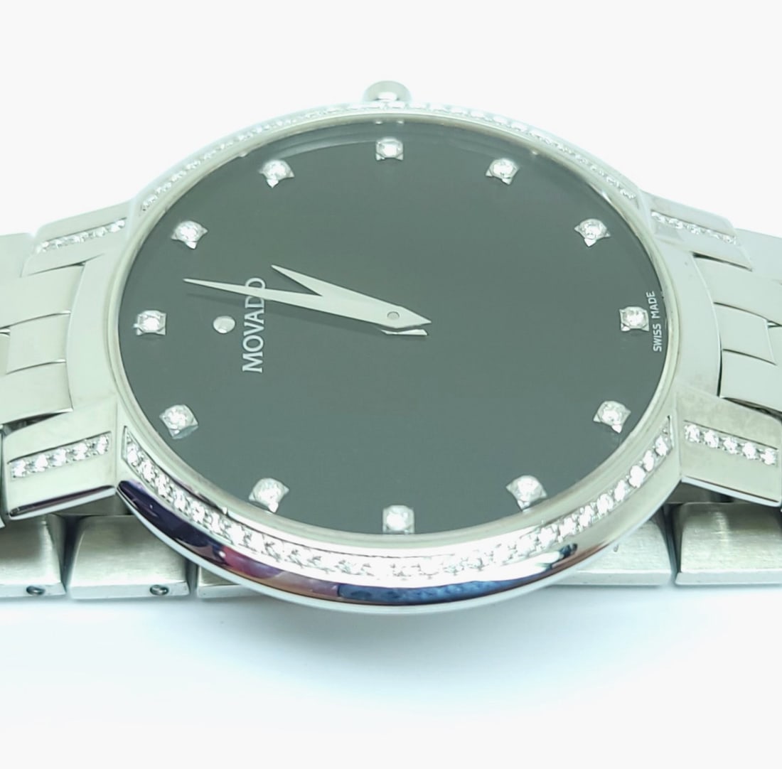 Steel MOVADO Faceto 84.45.1892 Diamond Wrist Watch 38 mm Black Dial Quartz EXLNT - 8