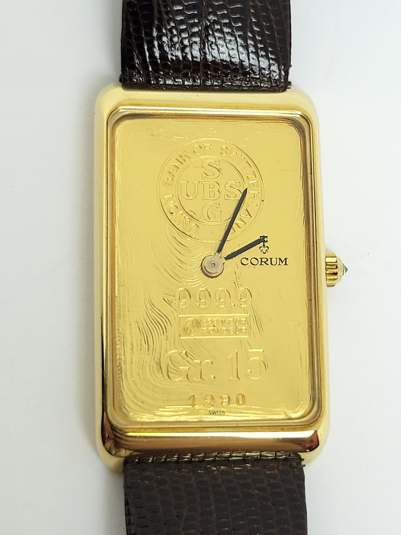 18k CORUM Mens Winding Watch 55400 with 24K INGOT BAR 15 GR Diamond Crown* EXLNT - 9