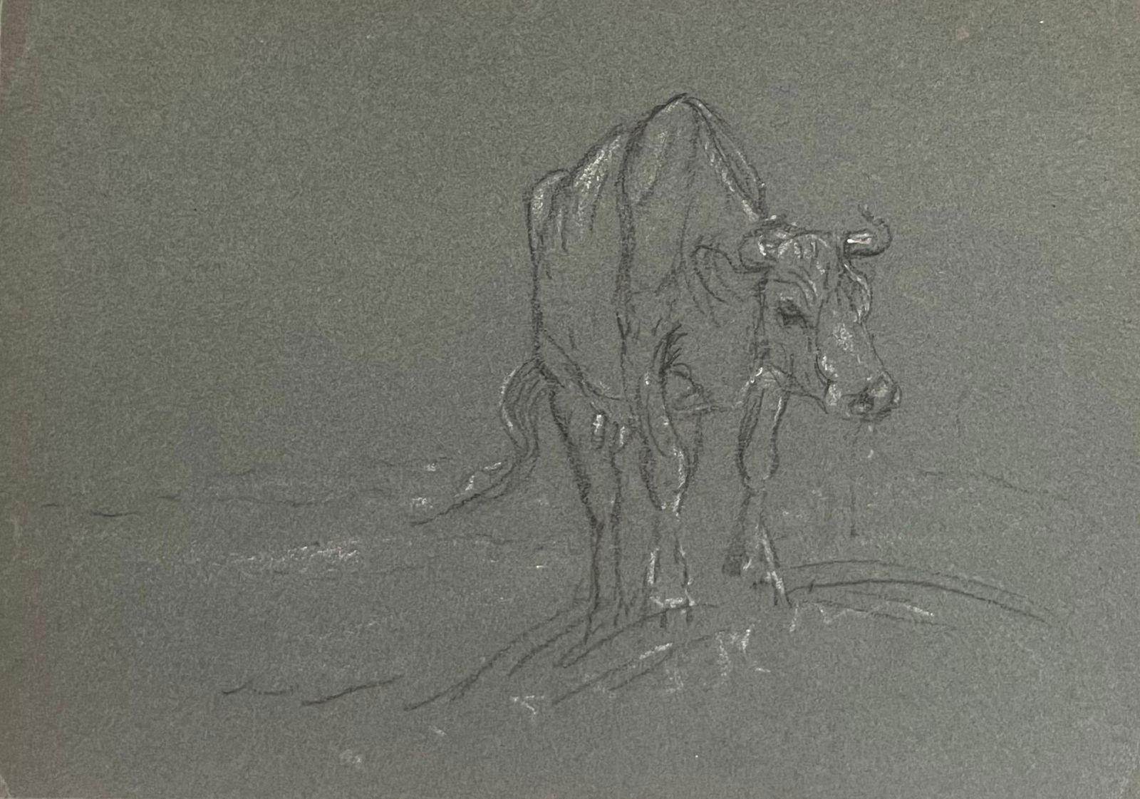 John Rabone Harvey; British Chalk Pencil Sketch of a Cow Climbing The Hill To Water, 1966 - 2