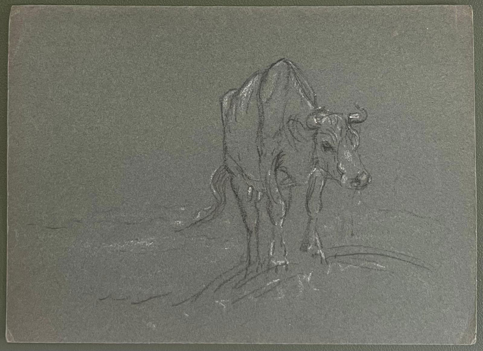 John Rabone Harvey; British Chalk Pencil Sketch of a Cow Climbing The Hill To Water, 1966 - 3