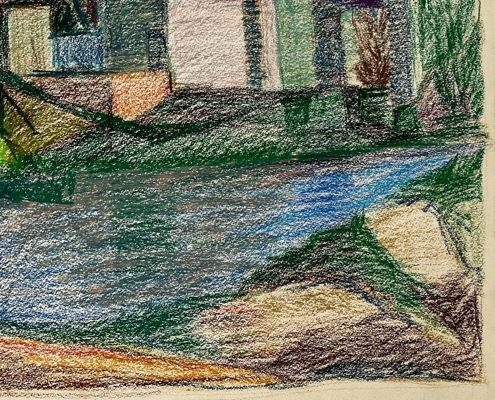 Guy Nicod; French Riverside House with Pink Blossom and Blue Roof Pastel Drawing - 7