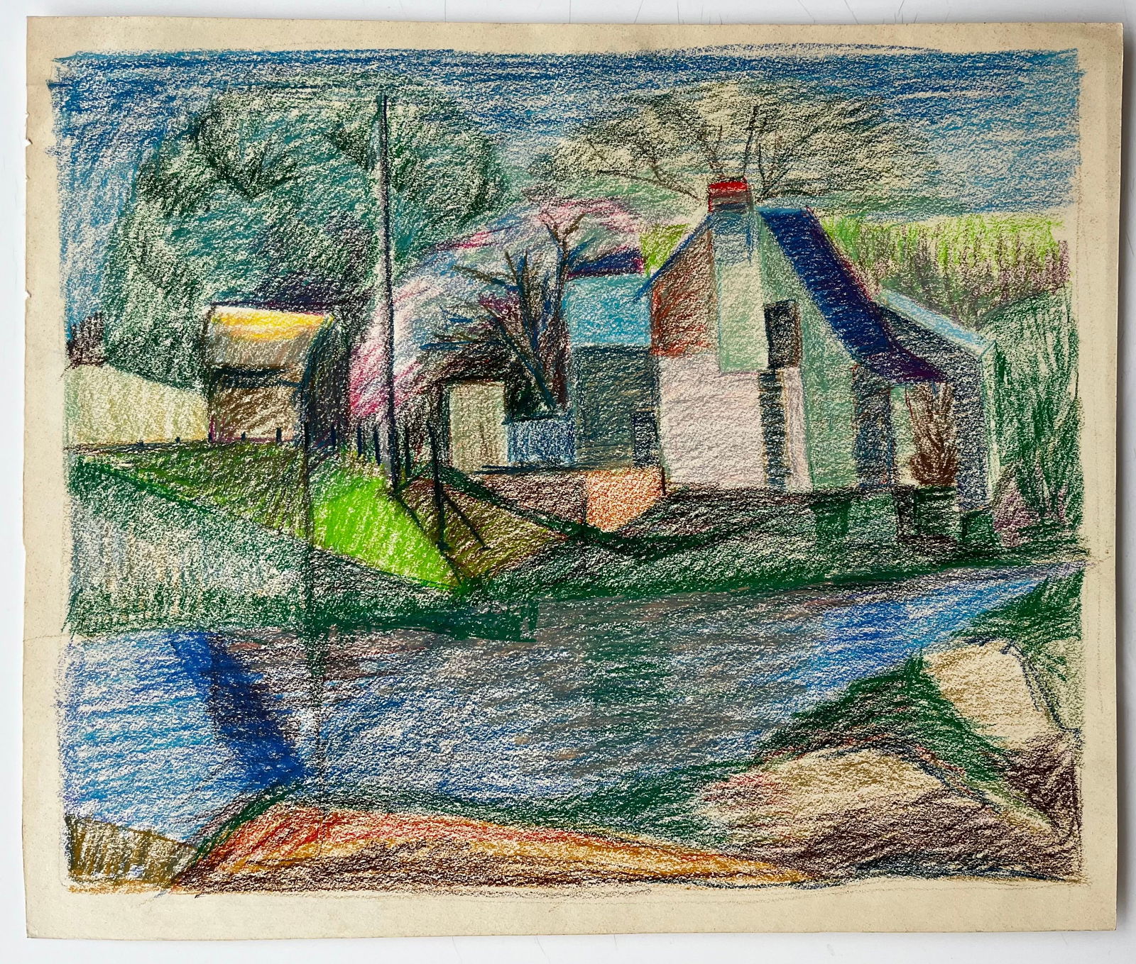 Guy Nicod; French Riverside House with Pink Blossom and Blue Roof Pastel Drawing - 12