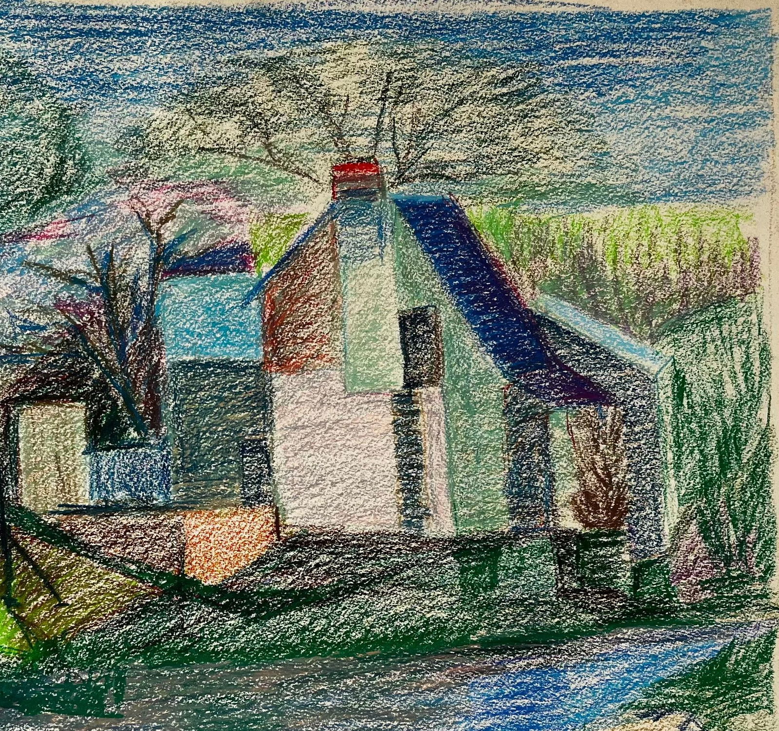 Guy Nicod; French Riverside House with Pink Blossom and Blue Roof Pastel Drawing - 13