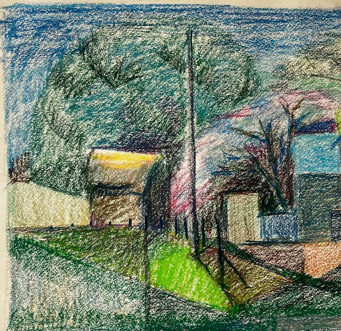 Guy Nicod; French Riverside House with Pink Blossom and Blue Roof Pastel Drawing - 2