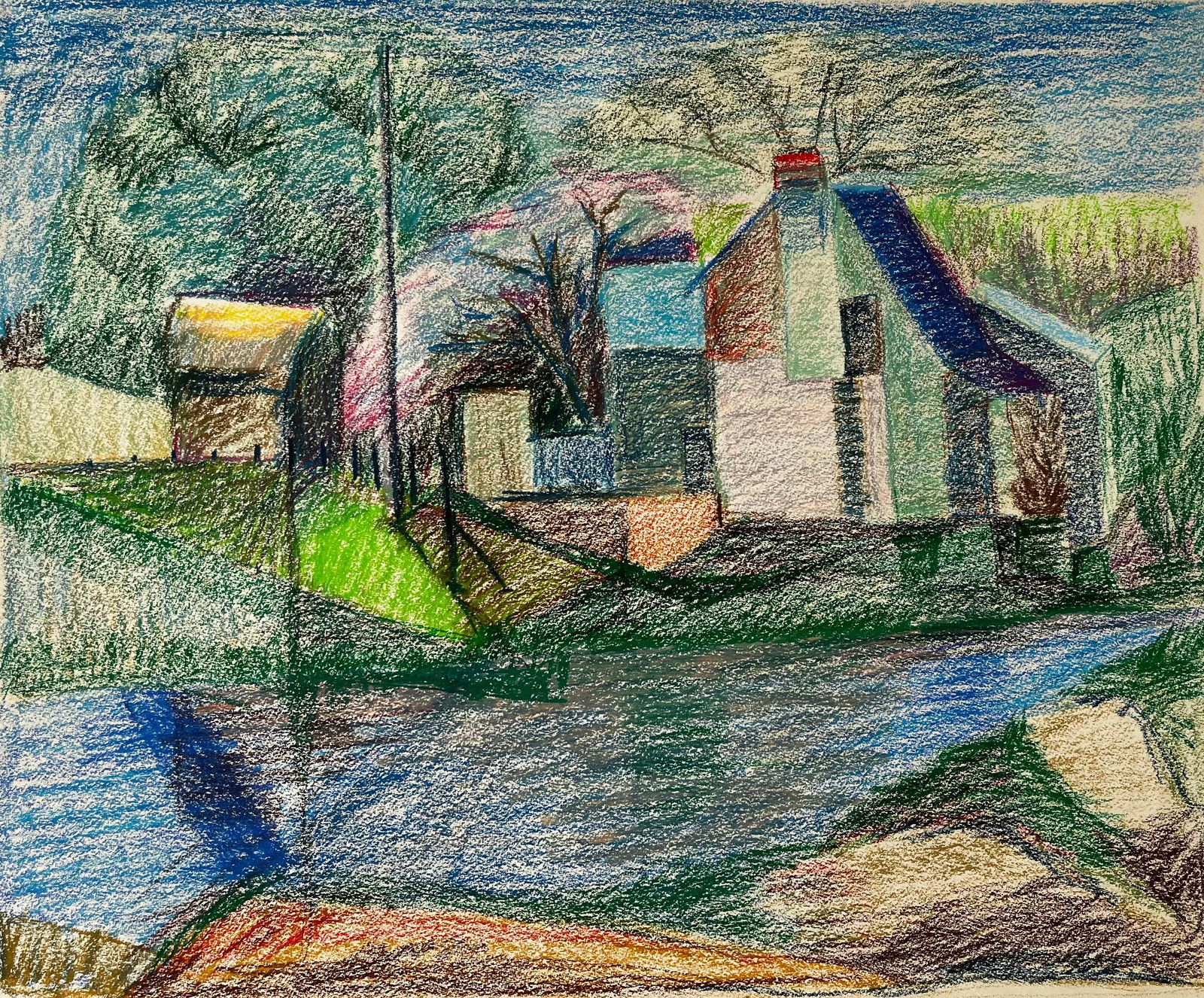 Guy Nicod; French Riverside House with Pink Blossom and Blue Roof Pastel Drawing - 4