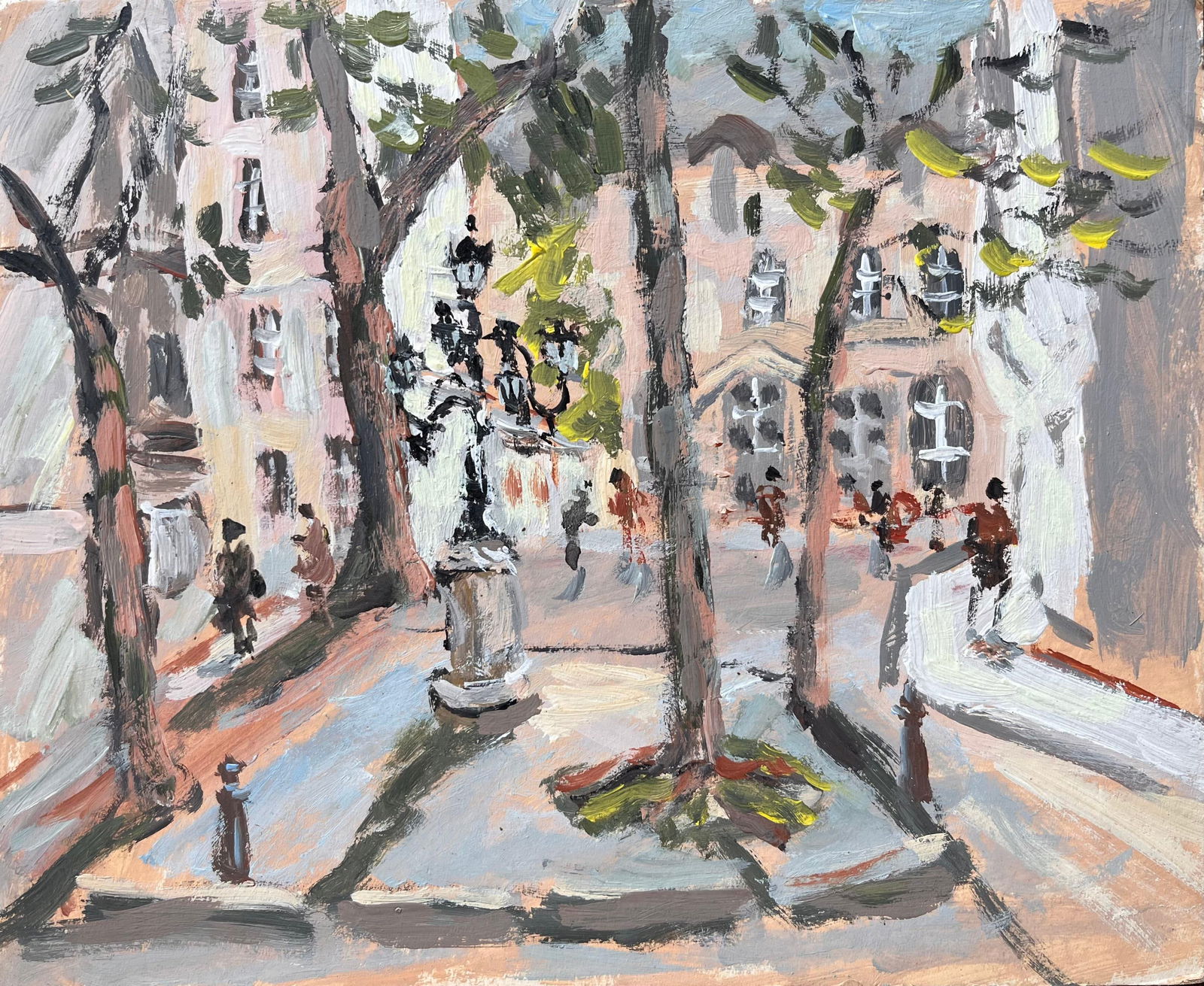Fanch Lel; Impressionist Tree Lined Parisian Square with Pedestrians and Historic Facades (1 of 20)